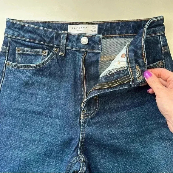 Topshop Straight Leg Jeans High Rise Ankle Crop Dark Blue Denim Size 26 - Picture 13 of 15